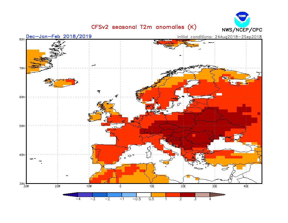 Очаквана сезонна аномалия за зимата (декември-февруари) за Европа