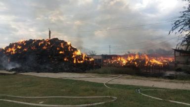  Огромен пожар в Пазарджик, пламтя бившето Държавно земеделско стопанство (видео) 