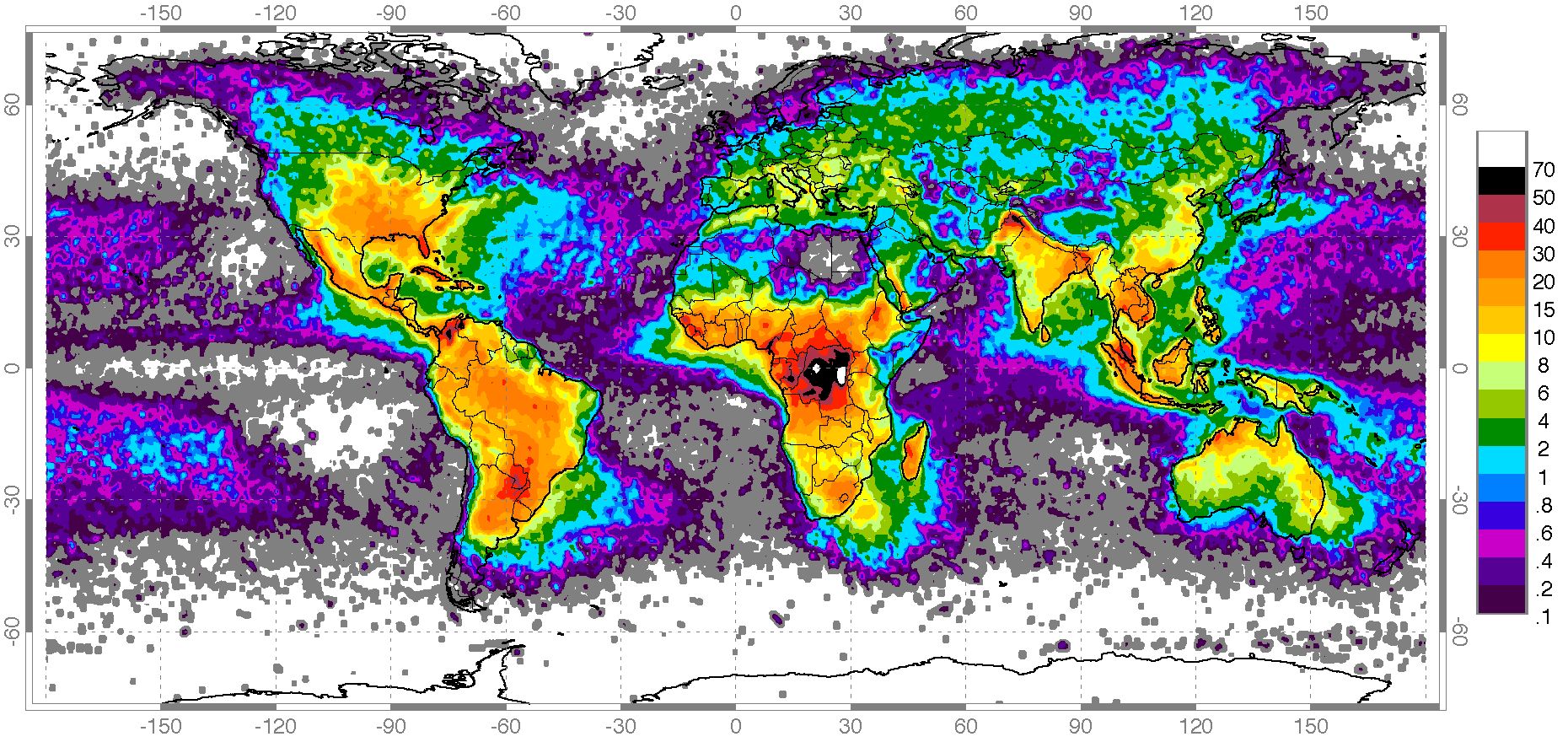 Карта на най-"мълниеносните"региони на планетата ни. Най-много светкавици падат в екваториалните и тропични области, с изкл. на пустините. Страната ни е в златната среда.