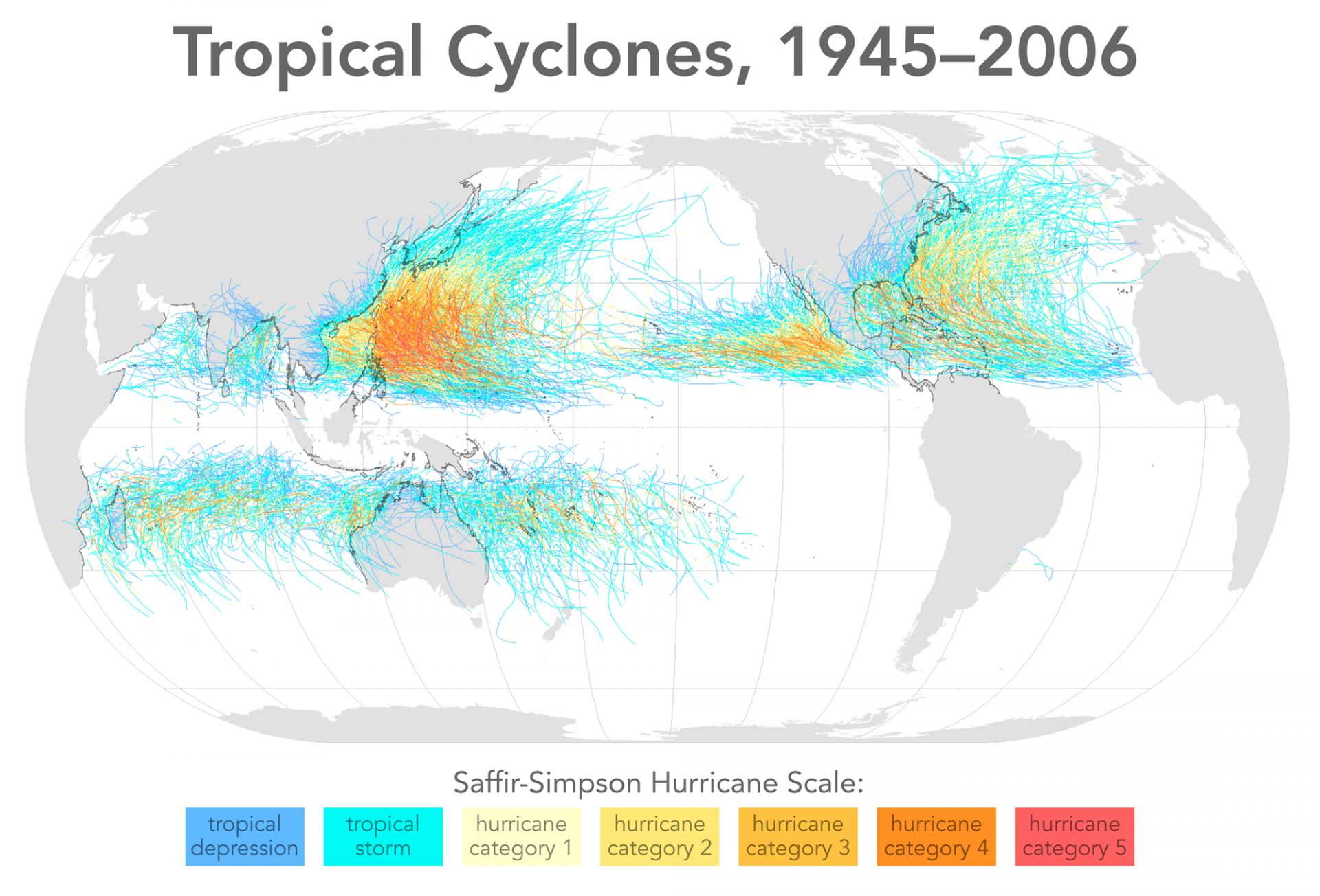 Всички маршрути на тропически циклони от 1950 година до днес
