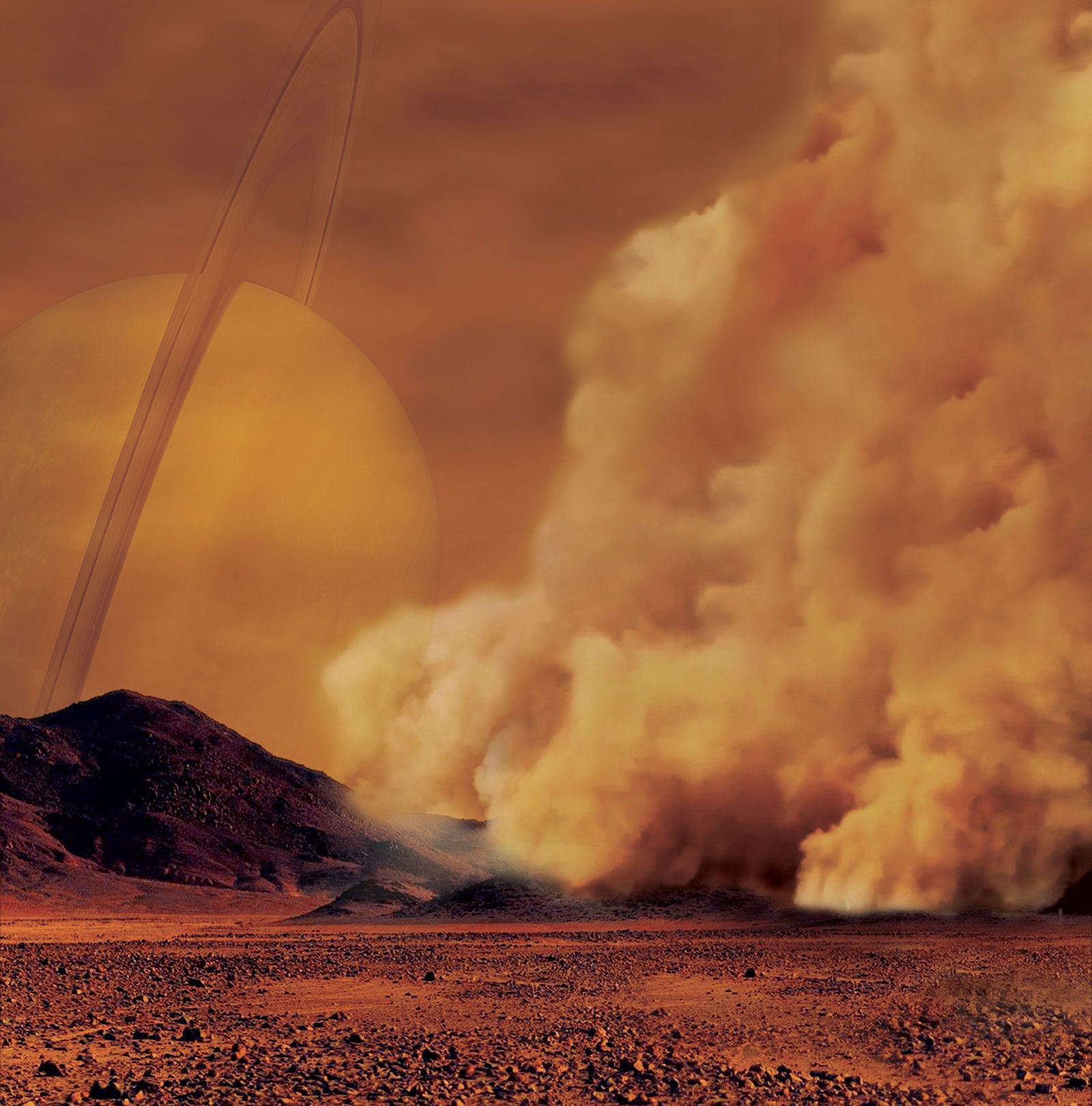 Компютърно изображение на пясъчна буря на Титан
