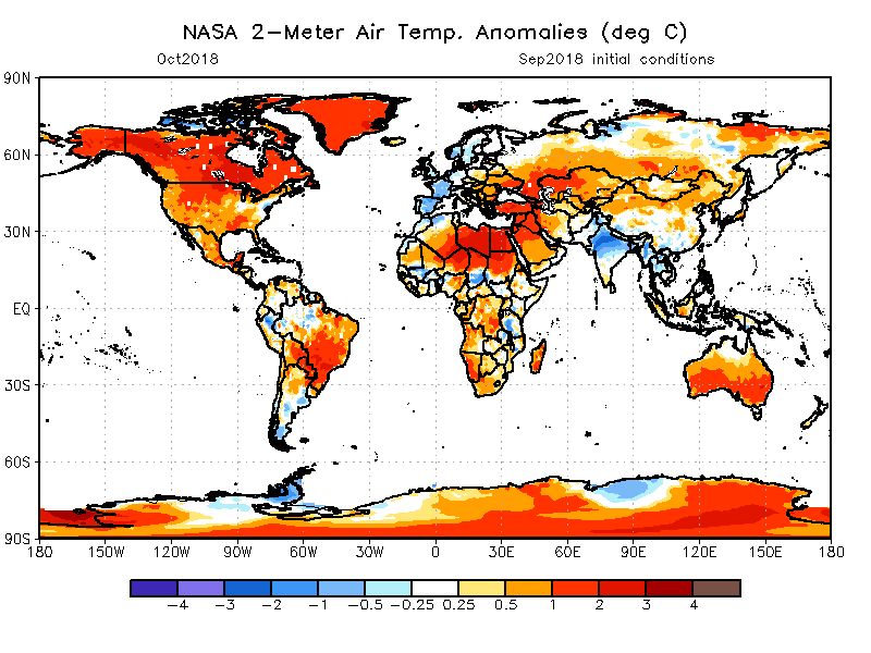 Северноамерикански и канадски модели: наднормени температури за месеца