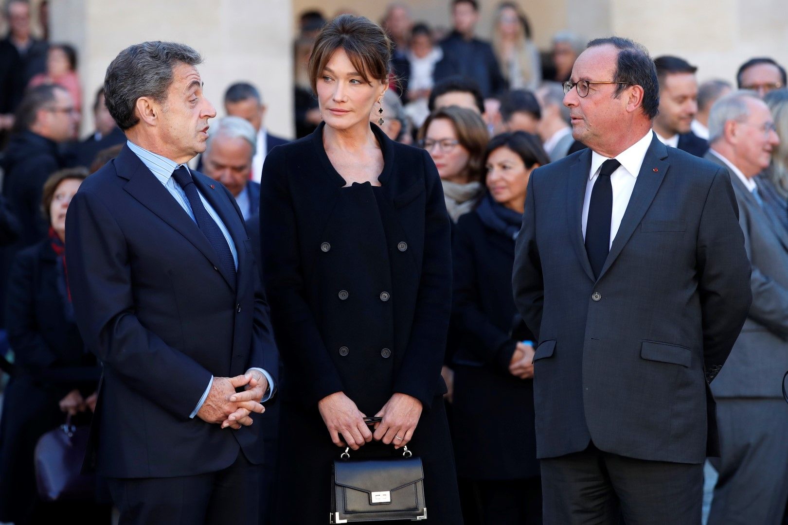 Президентите Франсоа Оланд, Никола Саркози и съпругата му Карла Бруни