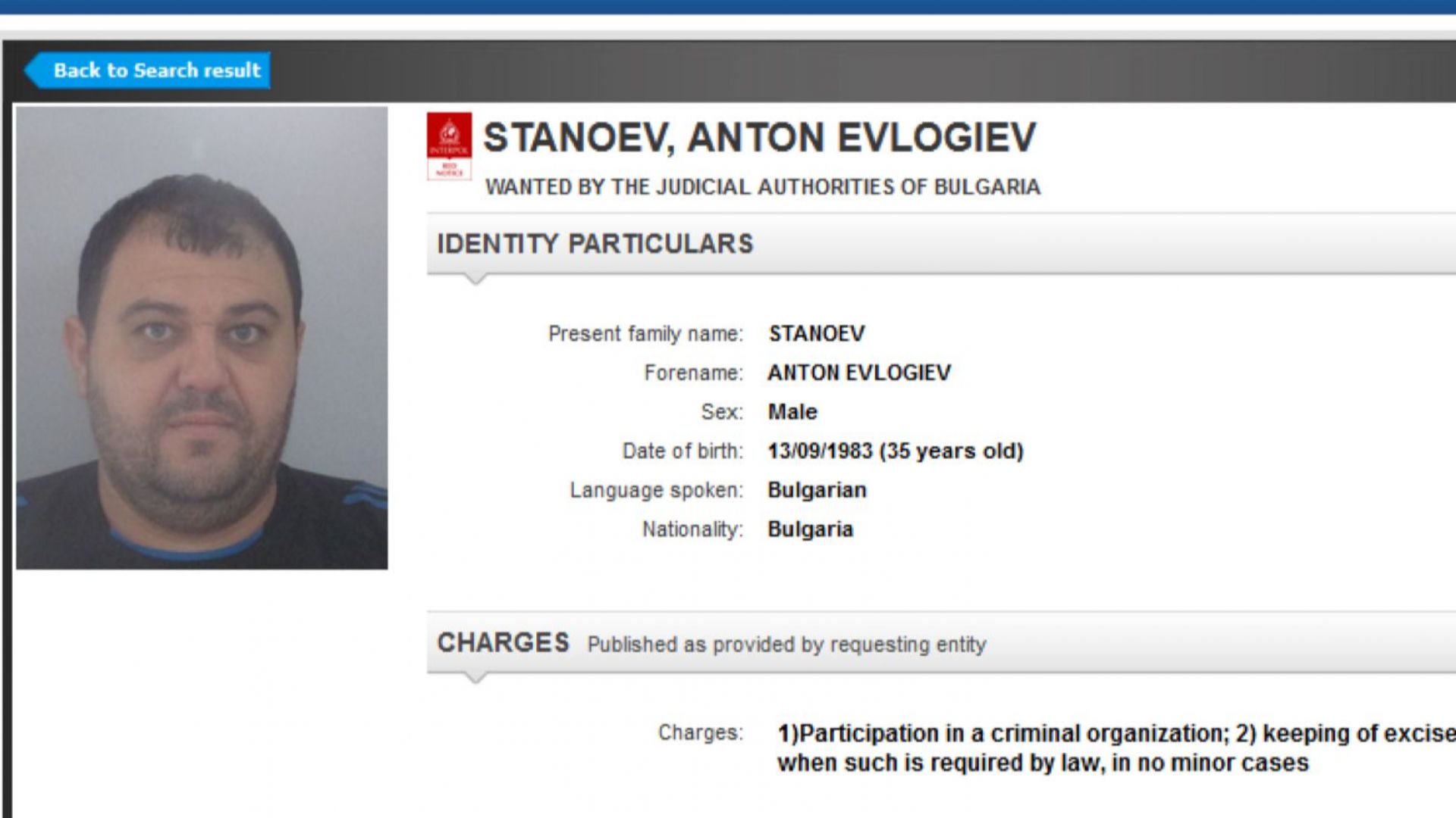 Интерпол обяви за издирване с червена бюлетина Антон Станоев -