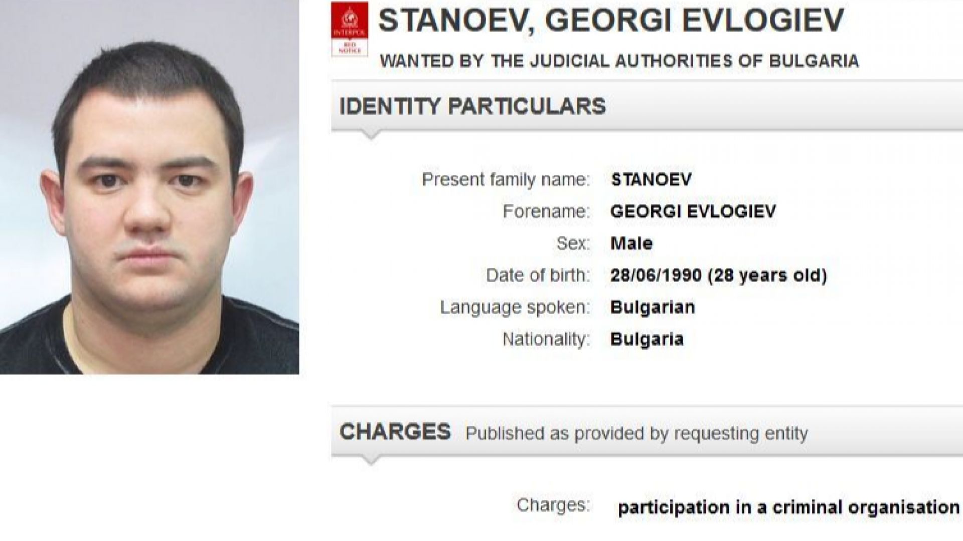 Интерпол обяви за издирване с червена бюлетина и Георги Станоев