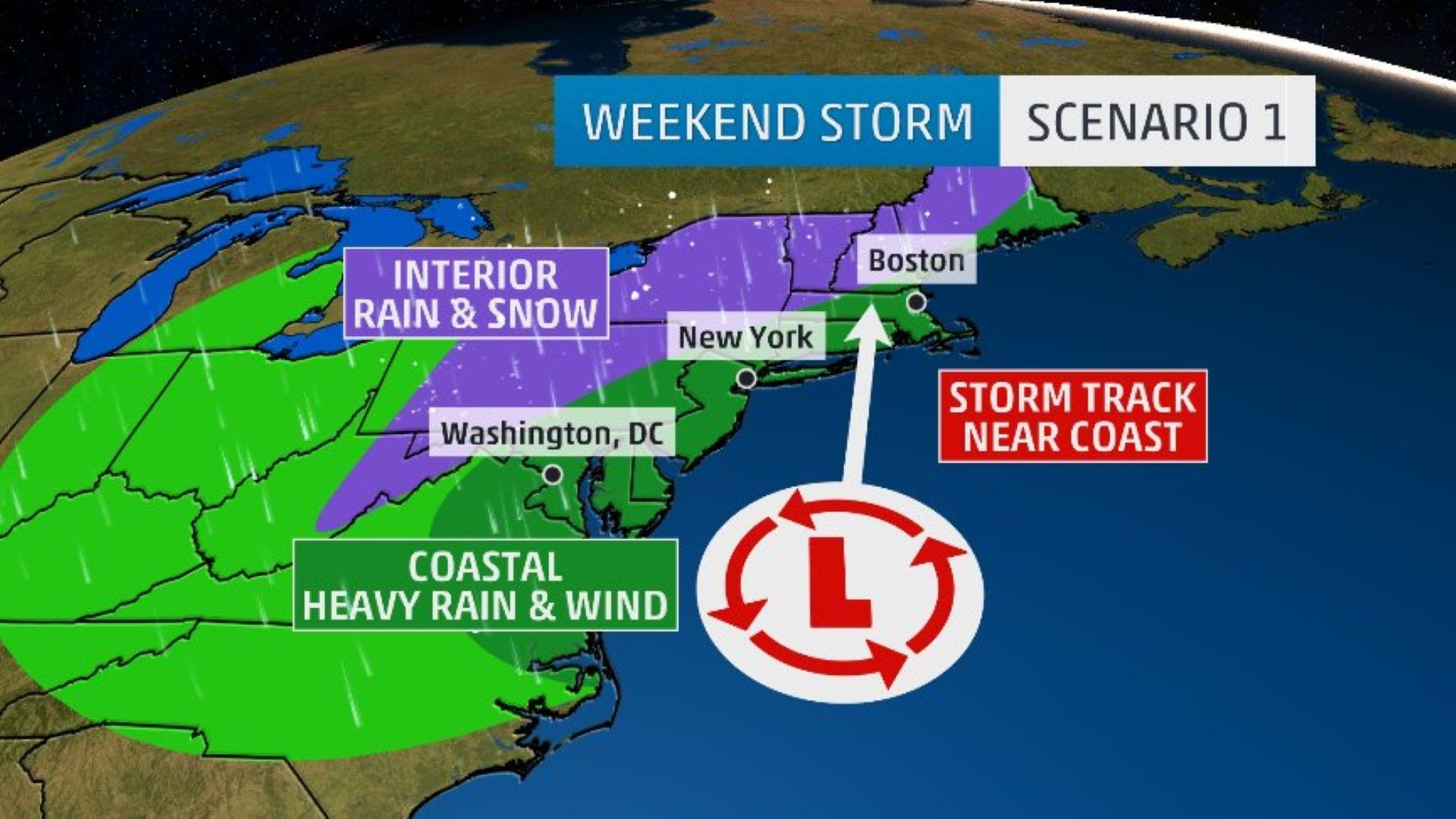 Един от двата варианта за траекторията на Уила в края на седмицата: бившият ураган, вече извънтропически ("обикновен") циклон ще бъде над Бостън