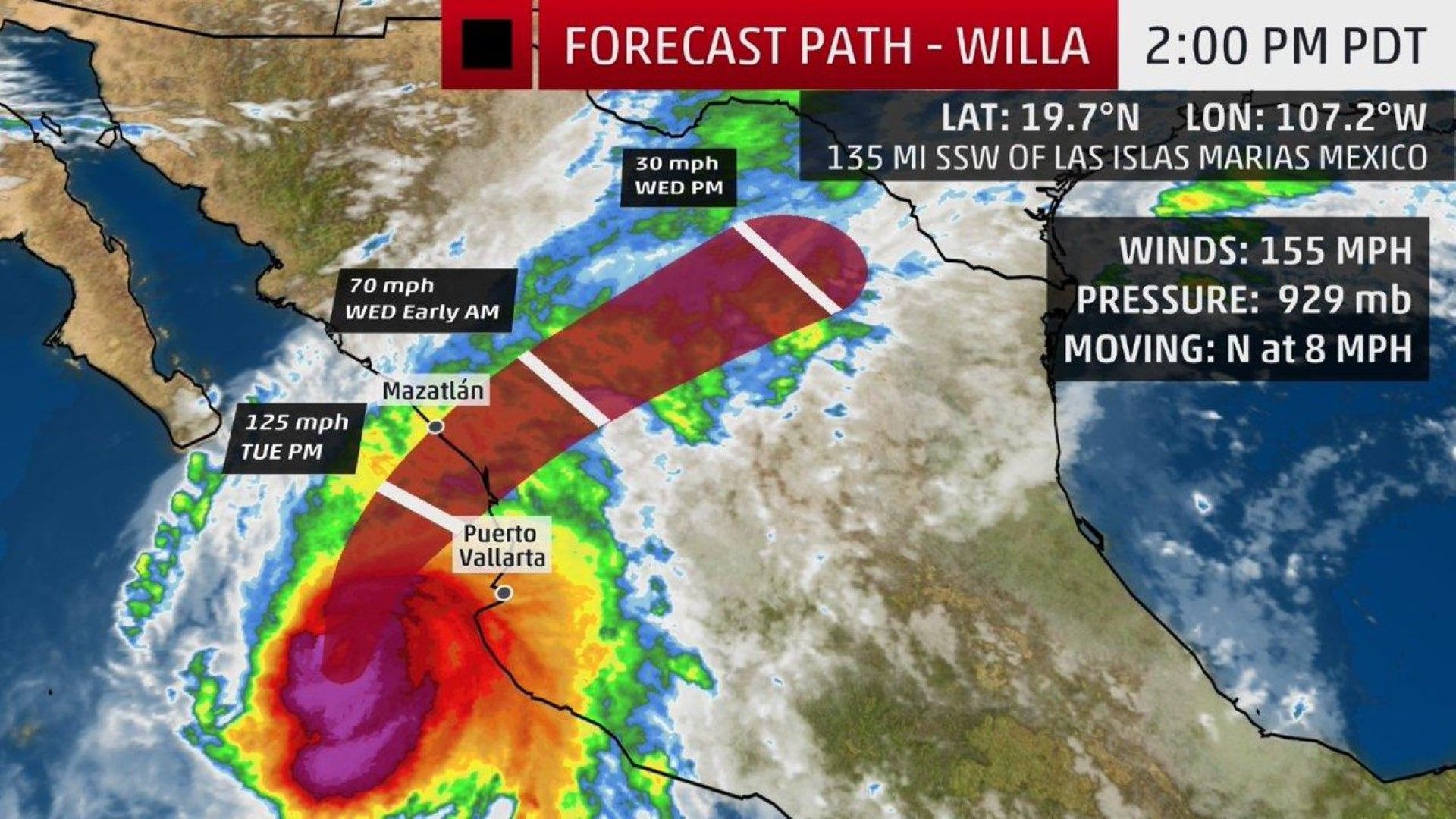 Карта за очакваната траектория на Уила, прогноза на Уедър Ченъл