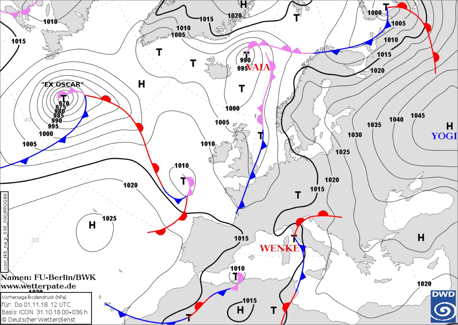 На картата се виждат циклоните Вая и Венке, донесли поро и и катастрофални наводнения в Италия. Оскар се намира над Атлантика, западно от Британия. 
