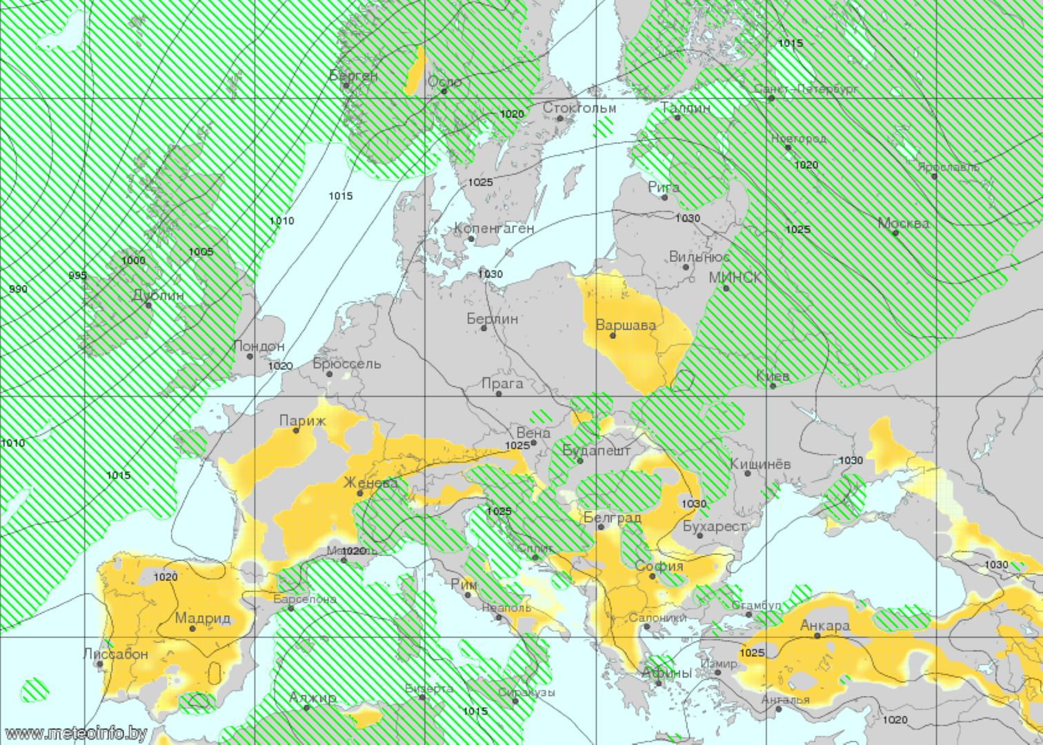 Прогнозата на британските метеослужби УКМЕТ. Жълтите зони са местата с голяма вероятност за мъгли в края на седмицата и началото на следващата