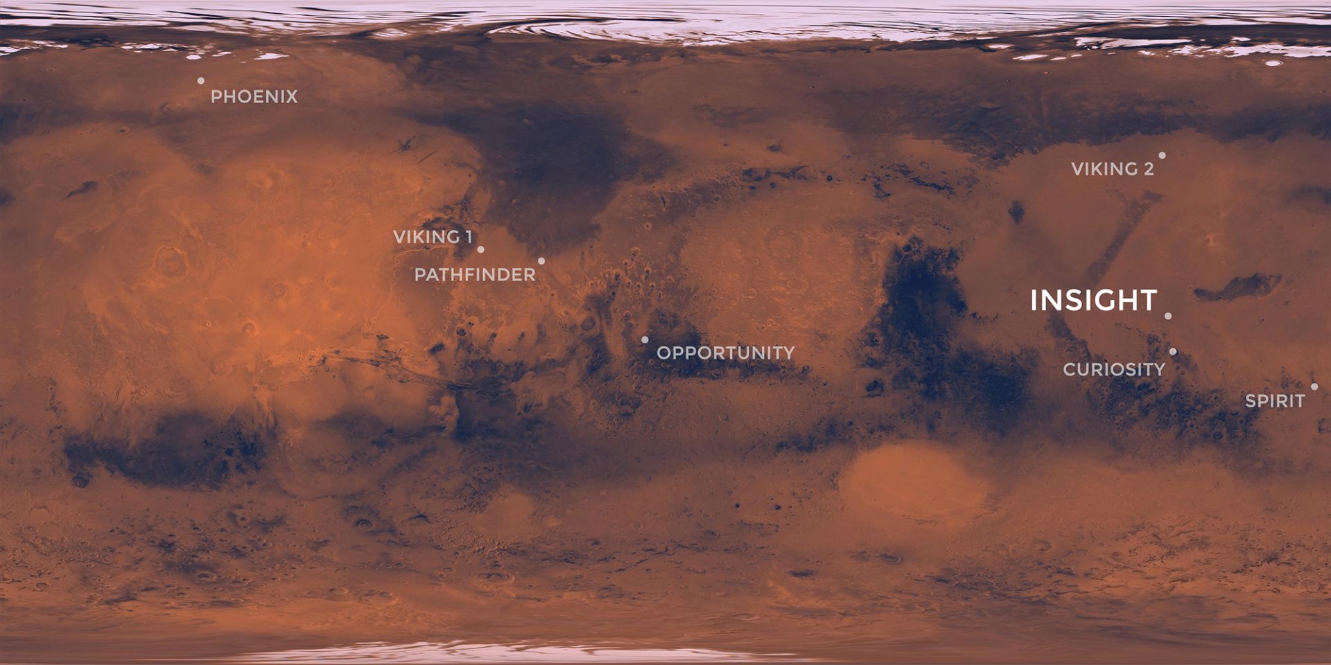 Местоположението на изпратените до този момент сонди на Марс