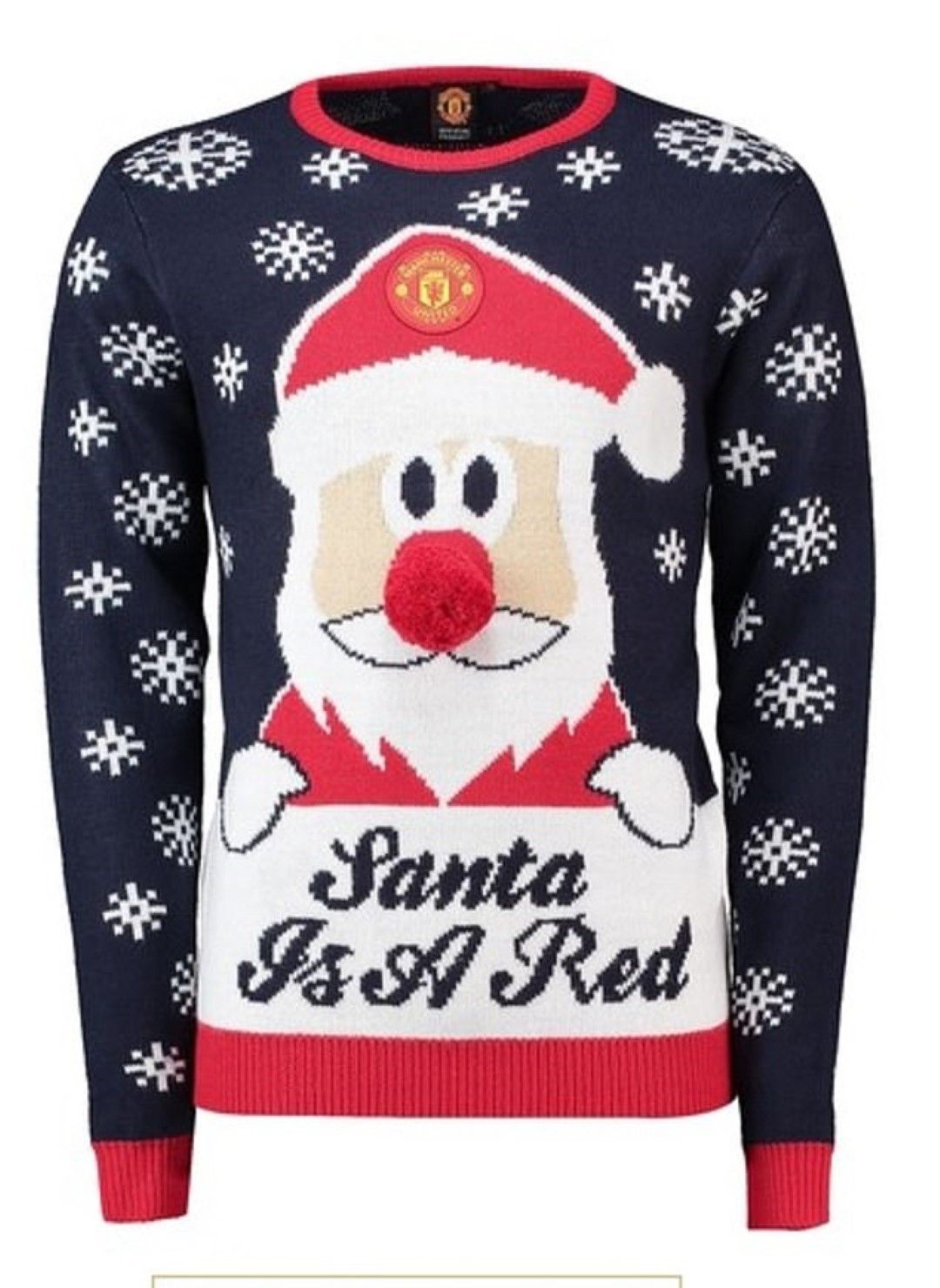 Играта на Манчестър Юнайтед не върви този сезон, може би това е причината Дядо Коледа върху този пуловер да изглежда леко смутен. 