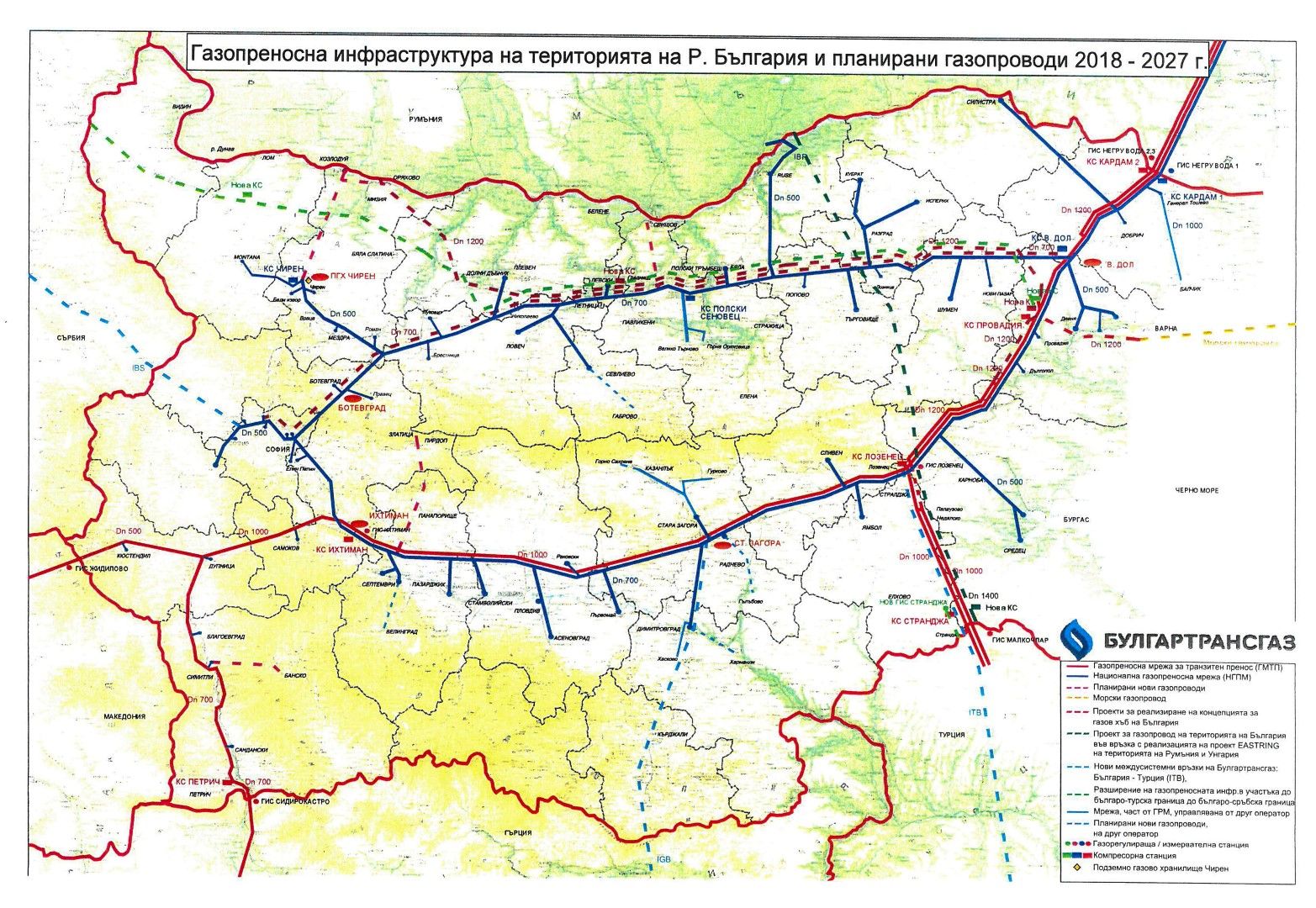 Карта на съществуваща и новопроектирана газопреносна мрежа в България, вкл. компресорни станции, част от "Балкански поток" и интерконектора с Гърция 
