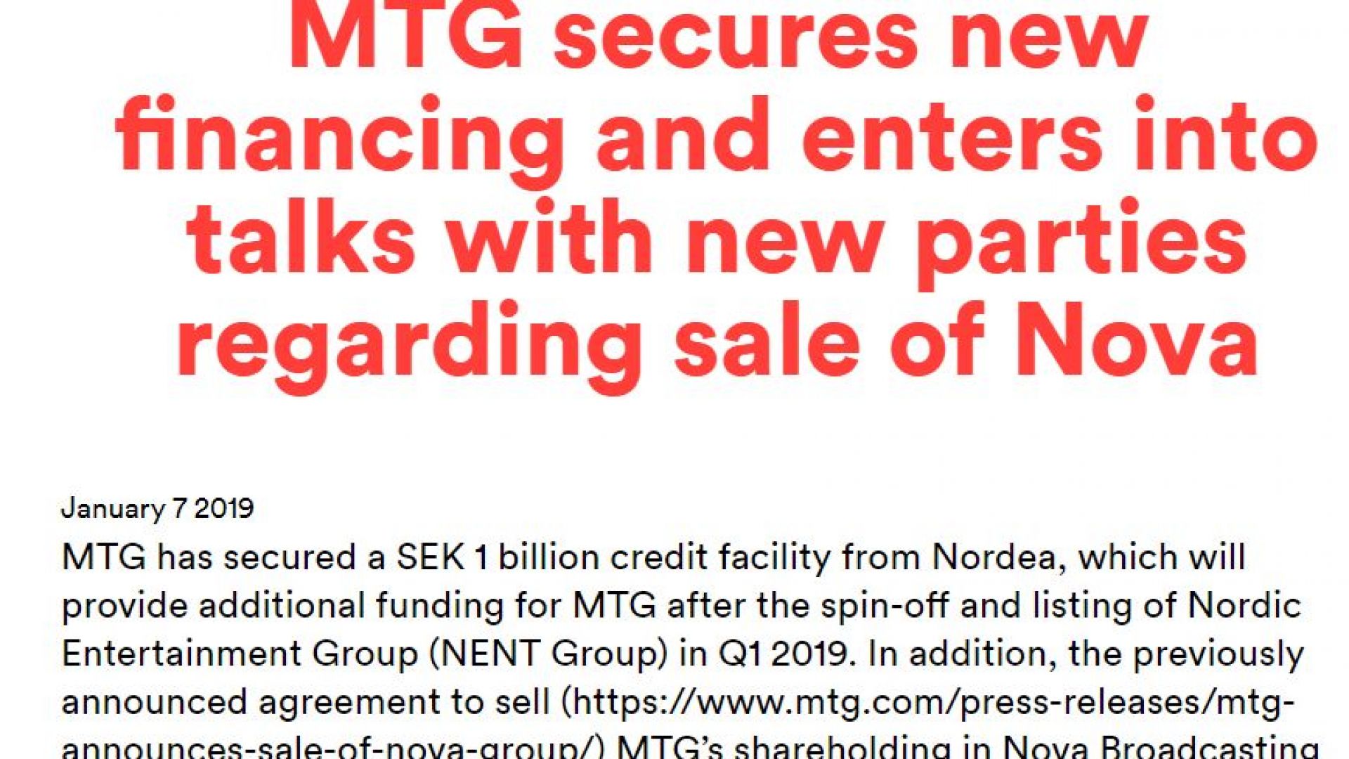 Шведската медийна група MTG съобщи, че прекратява предварителното споразумение с