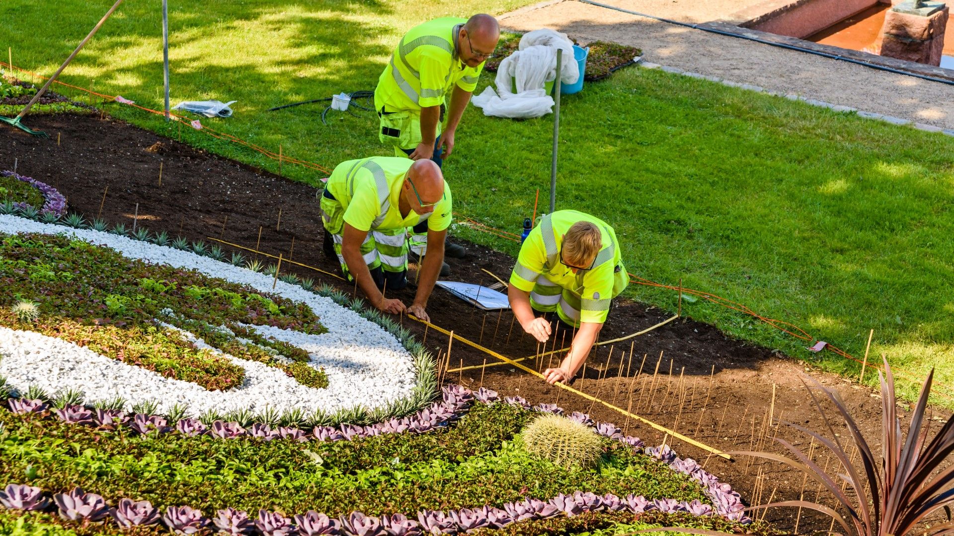 Професионални градинари се грижат за цветята в един от парковете в Стокхолм