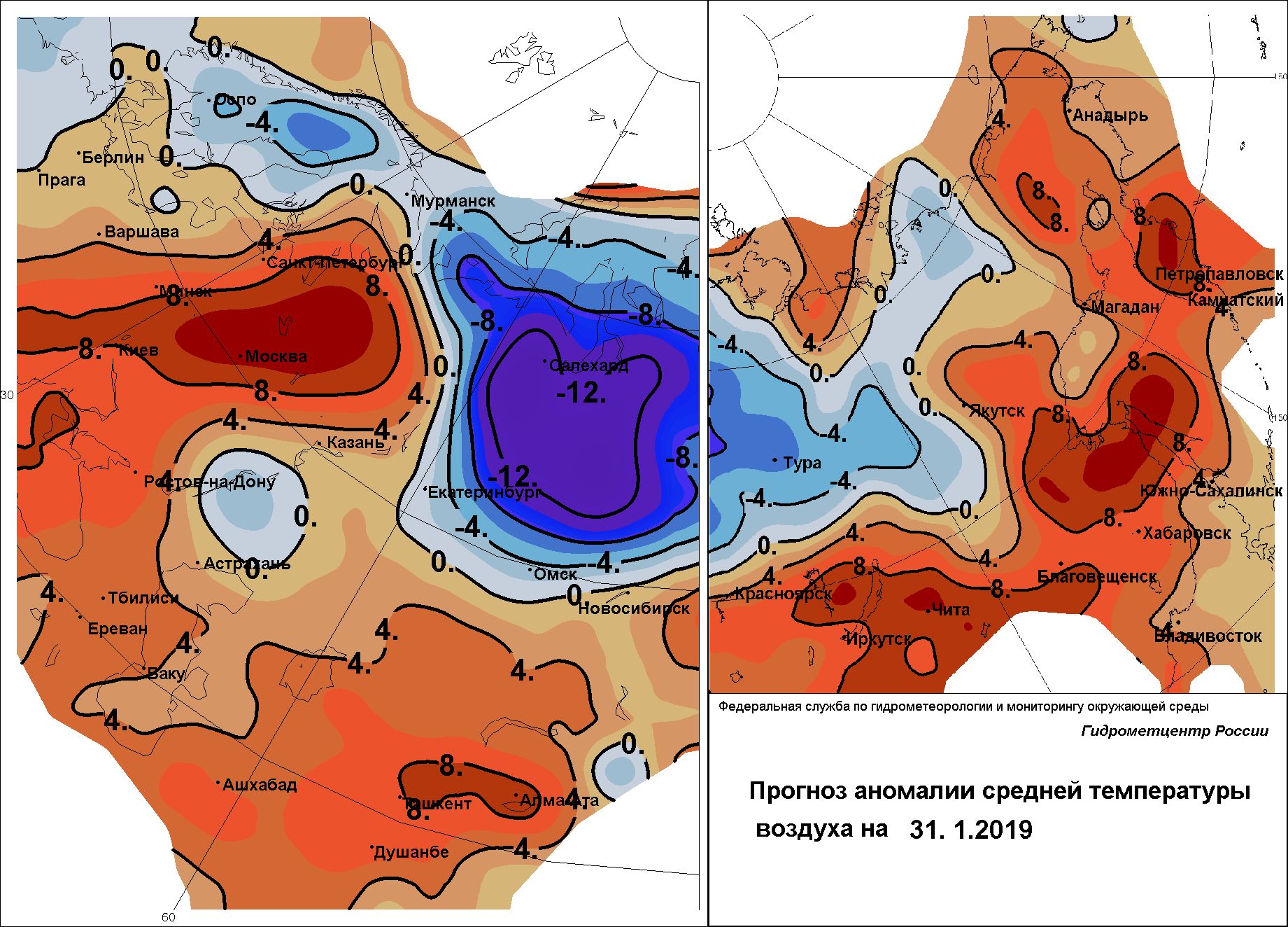 Карти на очакваните аномалии на приземната температура в Сибир утре, след 3  и  след 5 дни. Вижда се как аномалията нараства по площ и се разширява териториално.