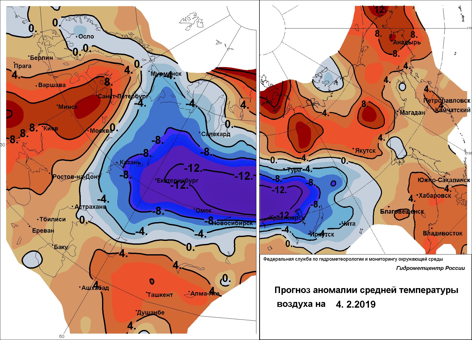 Карта на очакваната аномалия на приземната температура за следващите пет дни в Сибир и около Урал. Аномалията вече заема огромна част от Северна Азия и теоретично  студът може да се разпростре още на запад към Европа