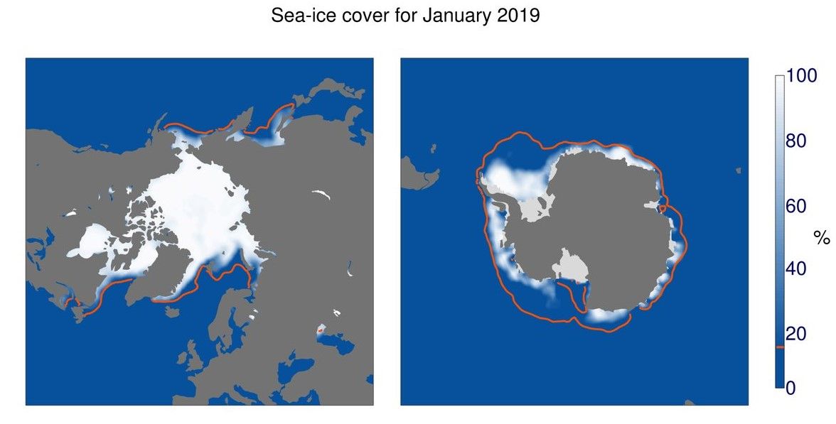 Картите представят разпространението на морския лед в Арктика и Антарктика