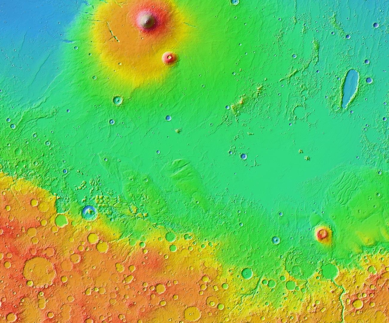 Равнината Елизиум на марсианския Екватор. Виждат се многобройните "рани" от удари на метеорити с различна големина, които тънката и хилава марсианска атмосфера не е успяла да заличи.