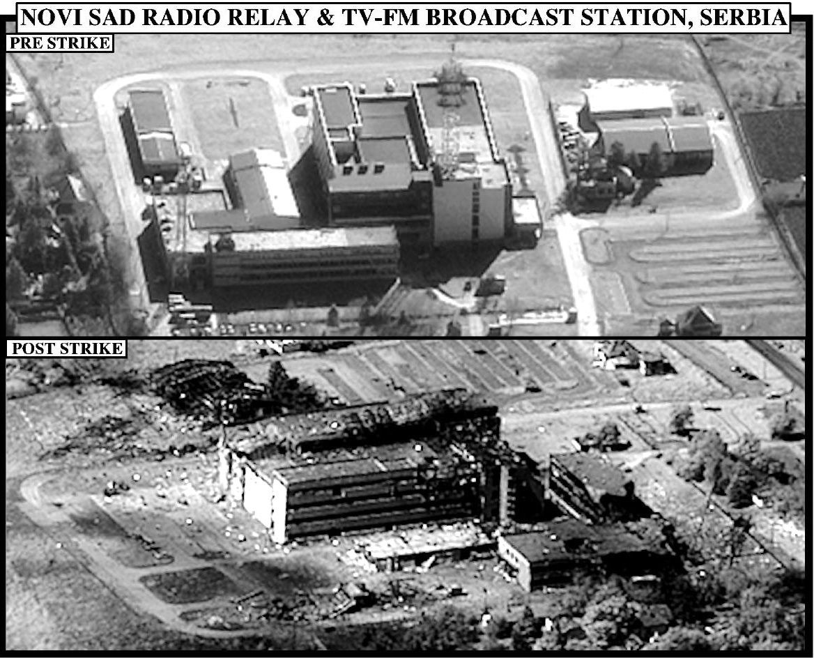 1 юни 1999 г. Щетите върху сградите на радиото и телевизионната станция в Нови сад преди и след бомбената атака на НАТО
