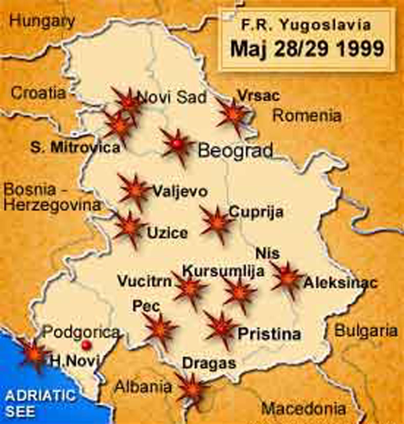 Карта, направена от югославската армия, изобразяваща въздушните удари на НАТО в нощта между 28 и 29 май 1999 г.