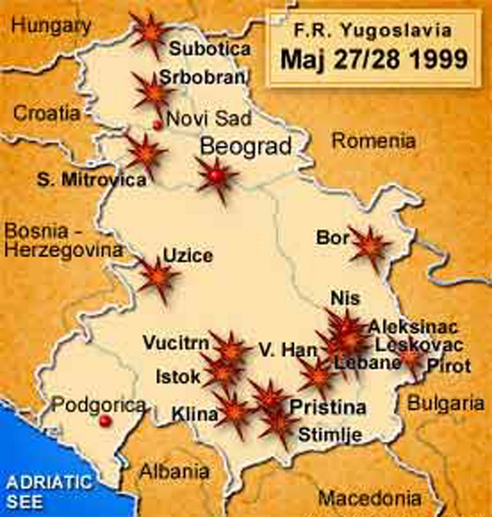 Карта, направена от югославската армия, изобразяваща въздушните удари на НАТО в нощта между 27 и 28 май 1999 г.