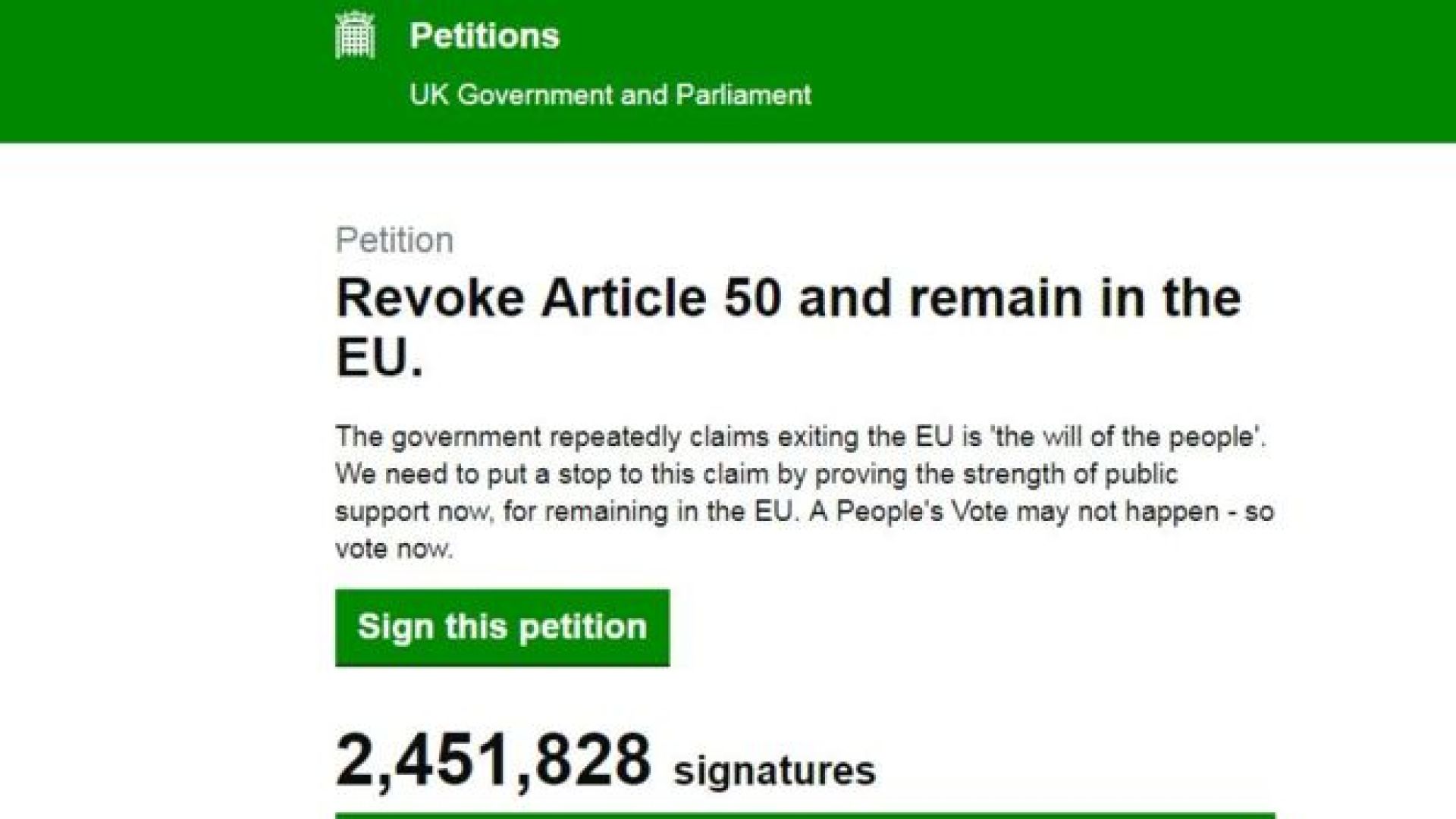 Петицията призоваваща Тереза ​​Мей да отмени Брекзит чрез изтегляне на