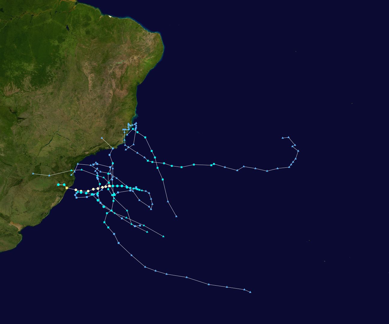 Това са всички (няколко) циклона и тропически бури, наблюдавани в Южния Атлантик за последните над 100 години