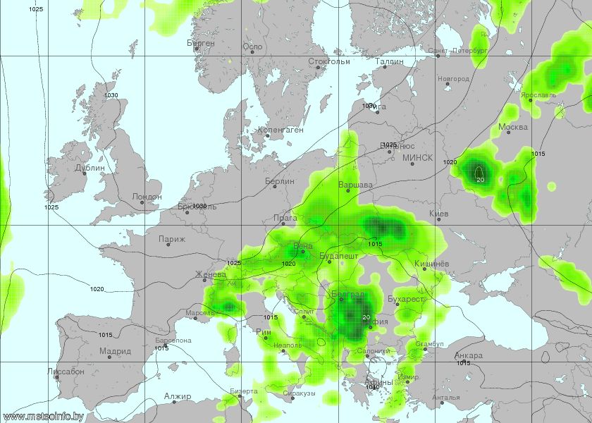 Очаквани валежи за 6 часов период до полунощ, според модела УКМО, карта - meteoinfo.by