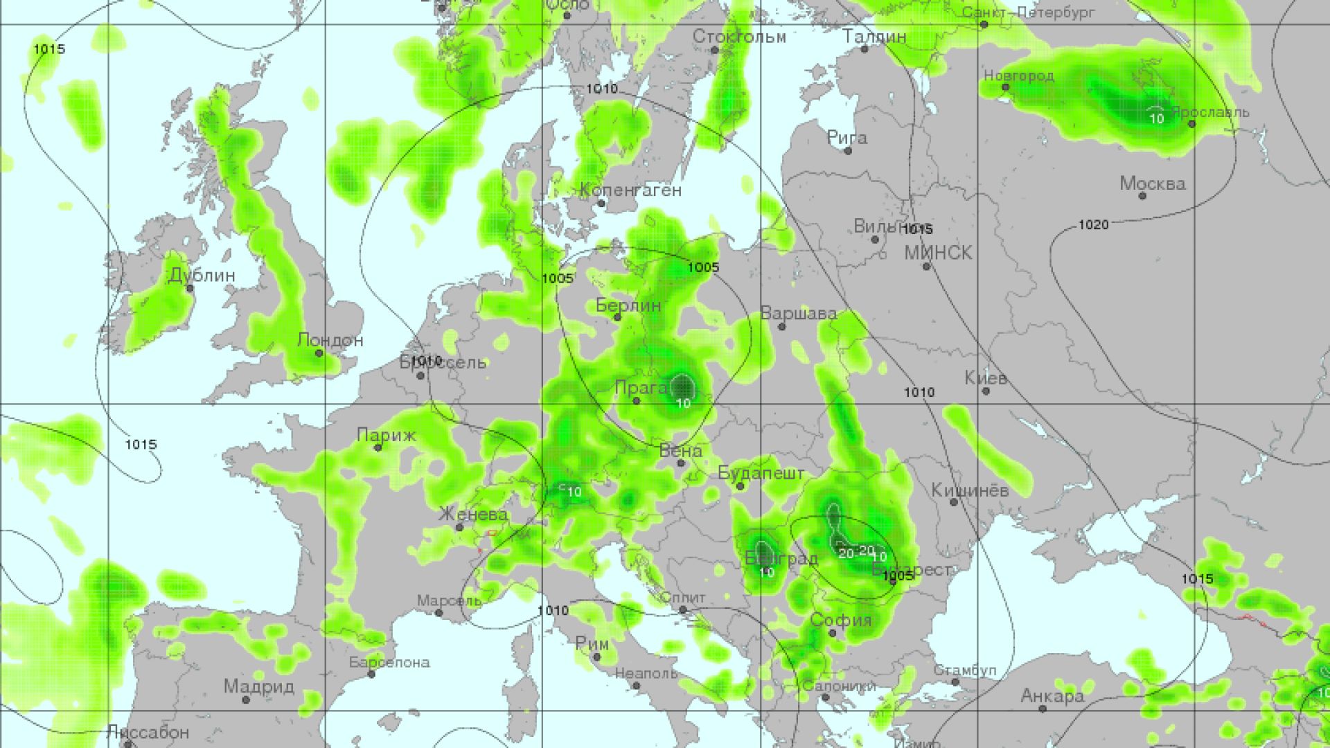Очаквани валежи за 12-часов период от 12 до 24  часа в понеделник, според модела GFS,интерпретация на  meteoinfo.by
