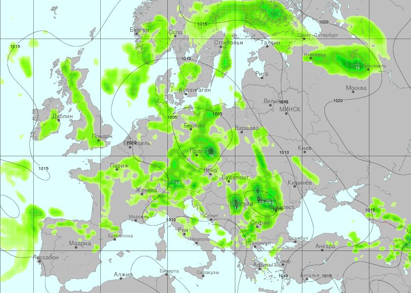 Очаквани валежи за 12-часов период от 12 до 24  часа в понеделник, според модела GFS,интерпретация на  meteoinfo.by