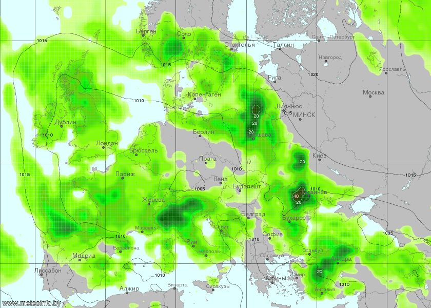 Очаквани валежни количества по места в следобедните часове в събота, според интерпретацията на модела УКМО от meteoinfo.by