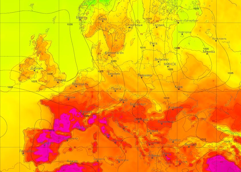 Карта на очакваните максимални температури утре, 27 юни. Най-горещо ще бъде утре в страните от Югозападна Европа, където на много места стойностите ще достигнат и превишат 40-42 градуса