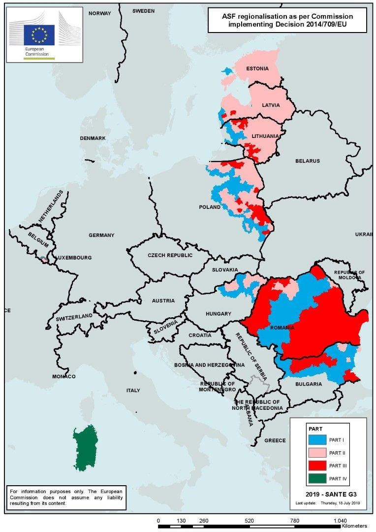 Регионално разпространение на Африканската чума по свинете, според регламента за зониране на Европейската комисия от 2014 г.