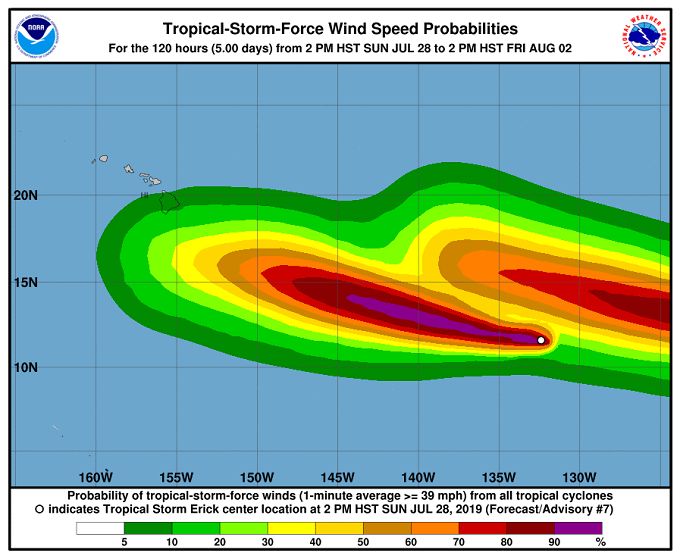 На картата на НОАА се виждат прогнозираните бъдещи траектории на двата тропически циклона