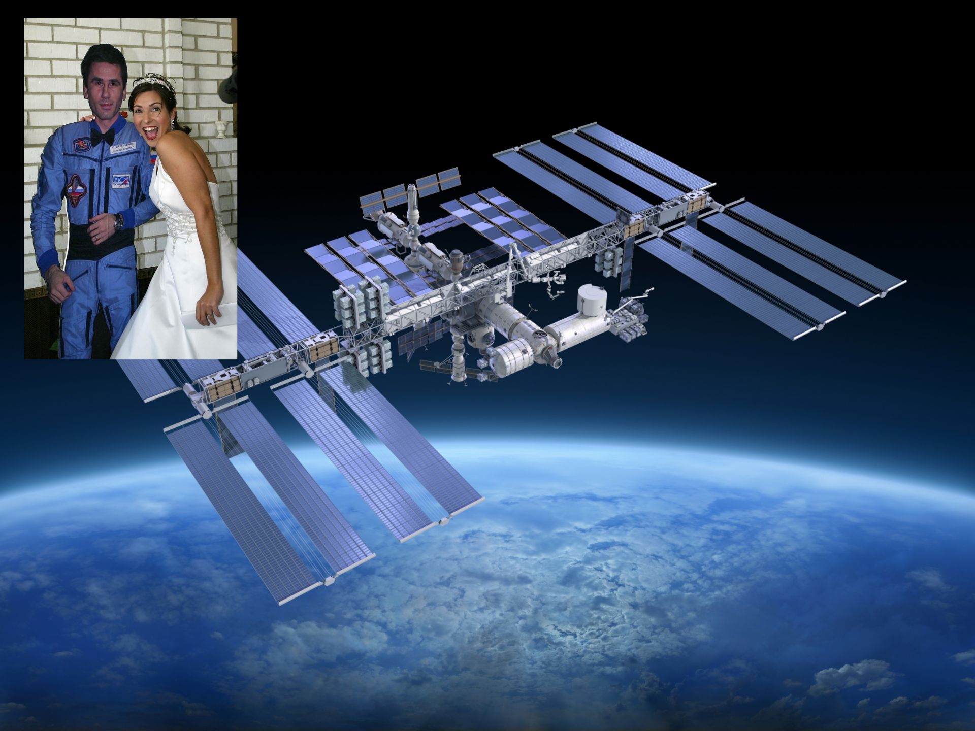 Докато космонавтът Юрий Маленченко е на Международната космическа станция, избраницата му Екатерина застава до неговата картонена фигура на земята