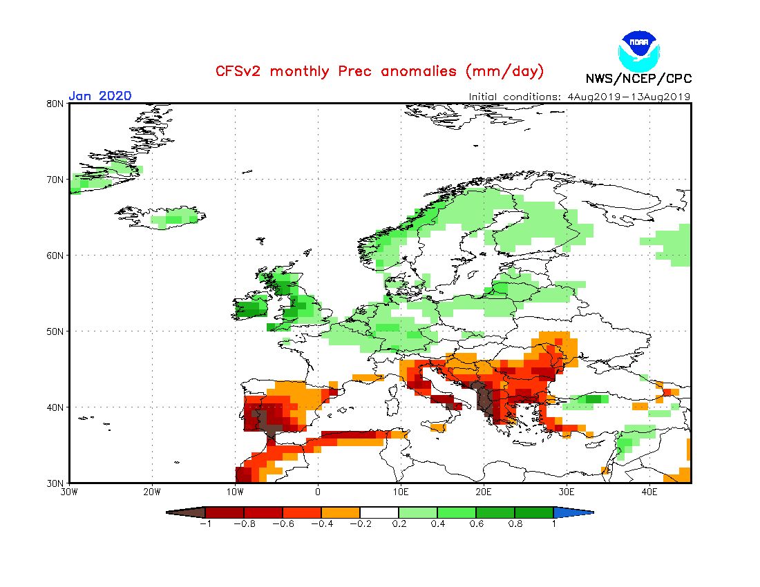 Окачвани отклонения от количествата валежи за януари 2020 - според актуалната прогноза на НОАА той у нас ще бъде много сух