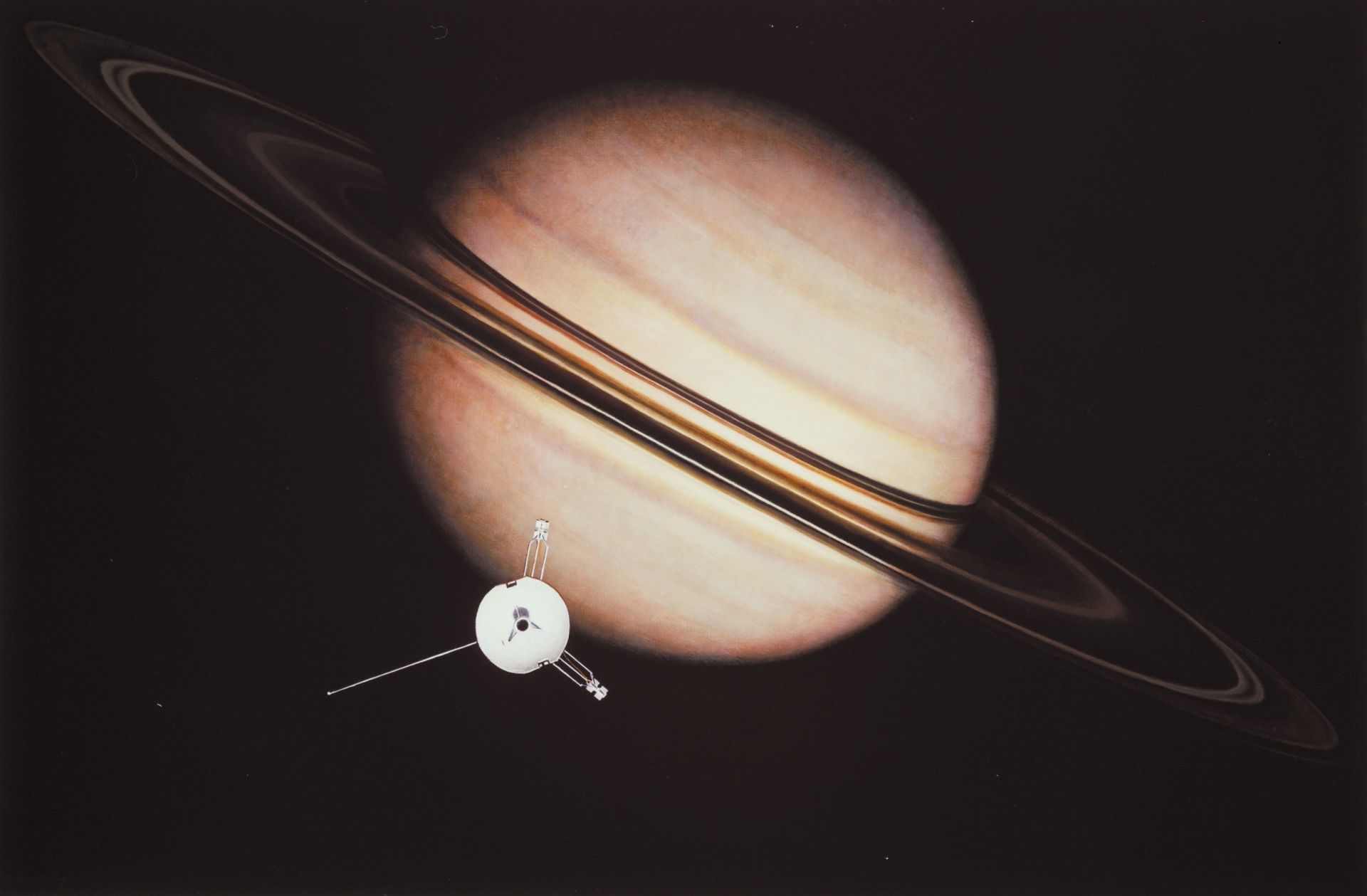 "Пионер 11" на фона на неговата снимка на Сатурн