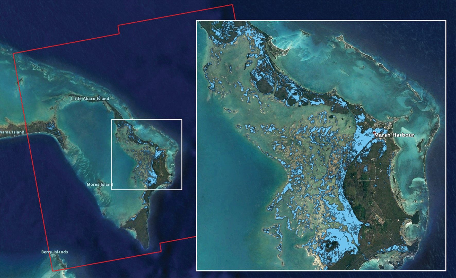 Карта на наводненията на Бахамските острови, причинени от урагана Дориан, изготвена от екип на НАСА