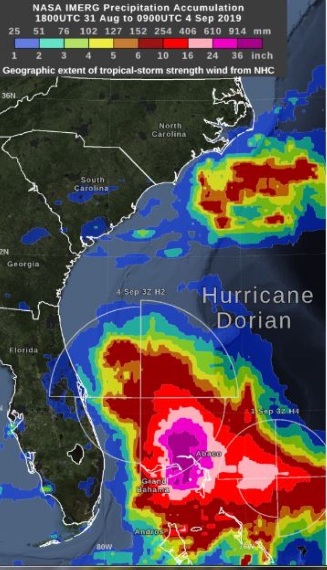 Изображението показва изчислените от НАСА натрупвания на валежи за района на Бахамските острови, засегнат от урагана Дориан от 31 август до 4 септември