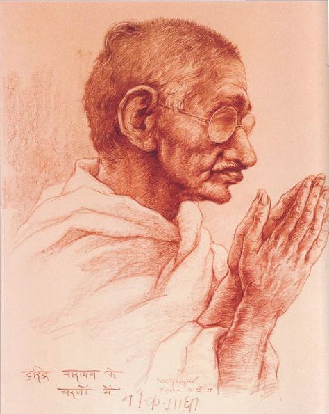 Портрет на Махатма Ганди, рисуван от худ. Борис Георгиев през 1935 г. Портрет на Махатма Ганди, рисуван от худ. Борис Георгиев през 1935 г.