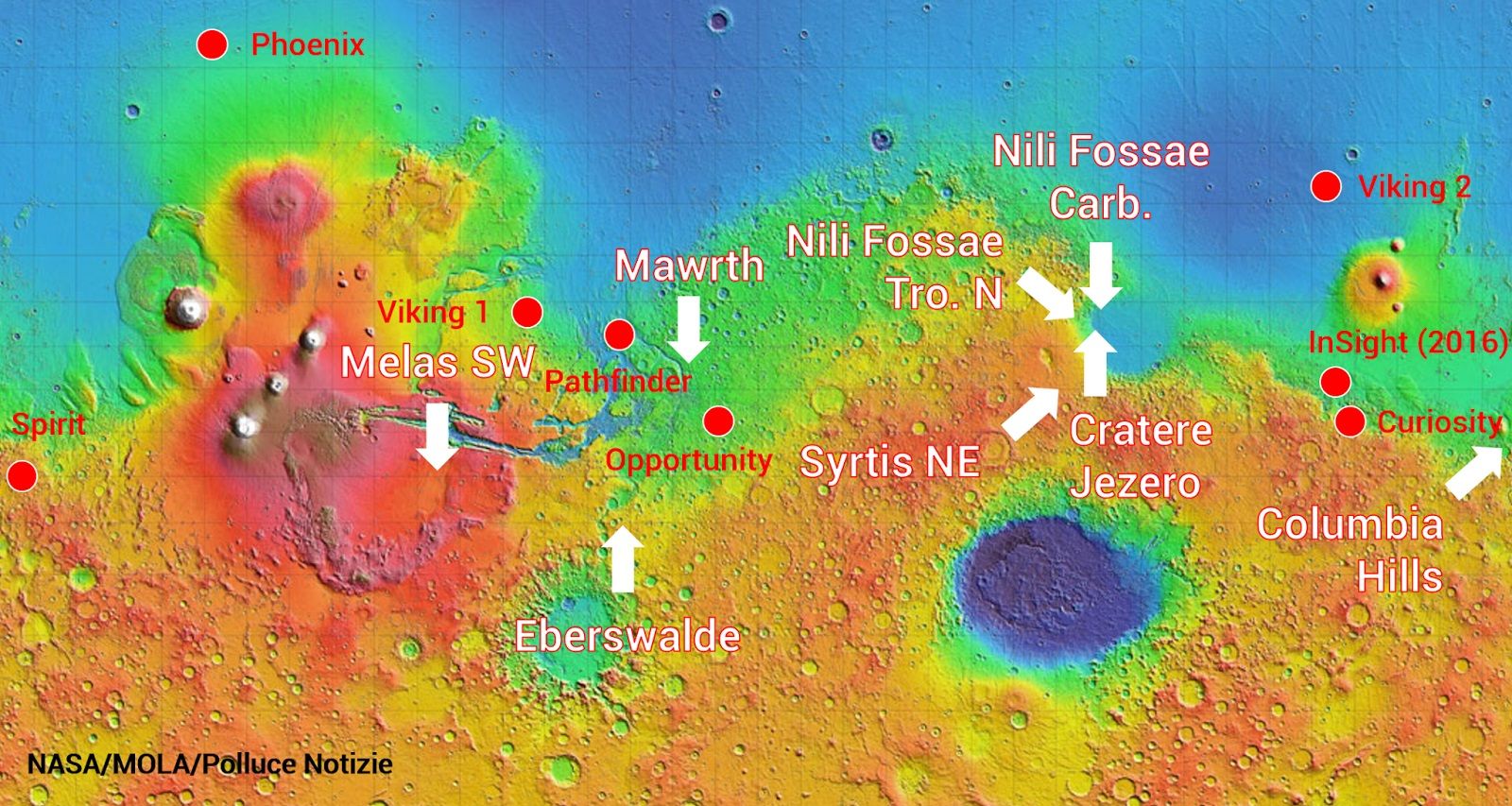 Карта на Марс с мисиите на Червената планета