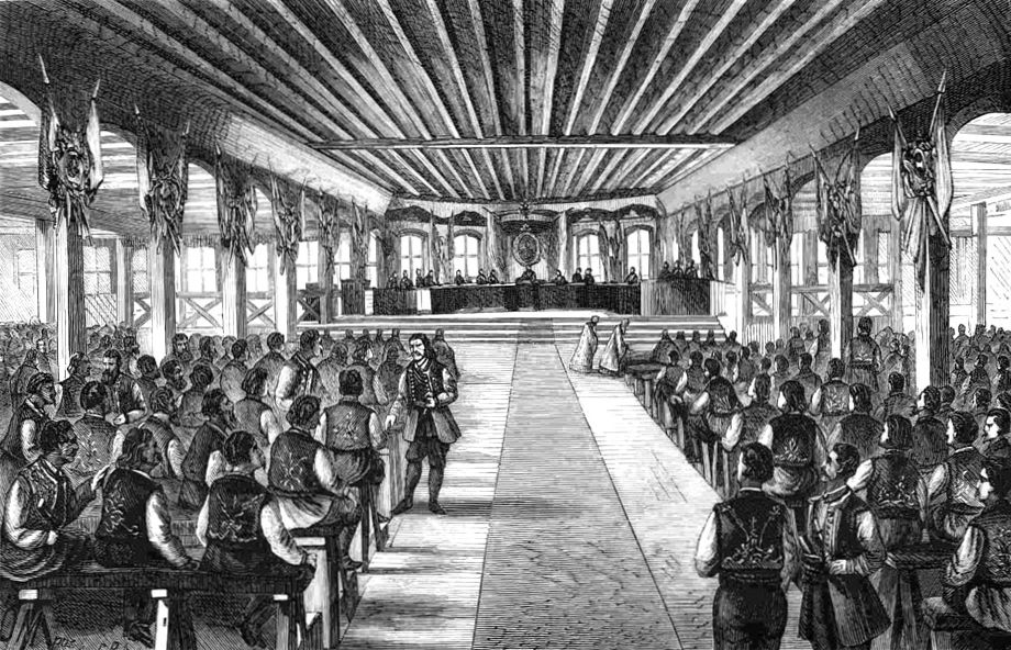 Заседание на Народното събрание в Търново, гравюра, 1879 г. Заседание на Народното събрание в Търново, гравюра, 1879 г.
