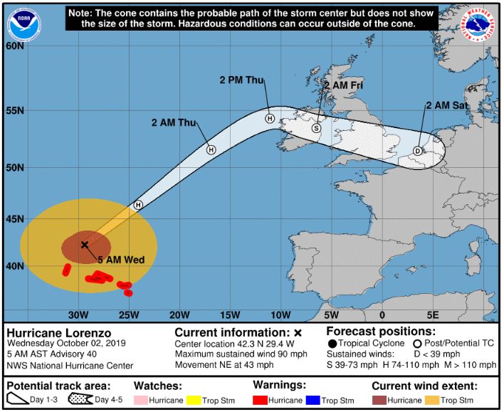 Лоренцо на път към Ирландия, ще донесе ураганни ветрове