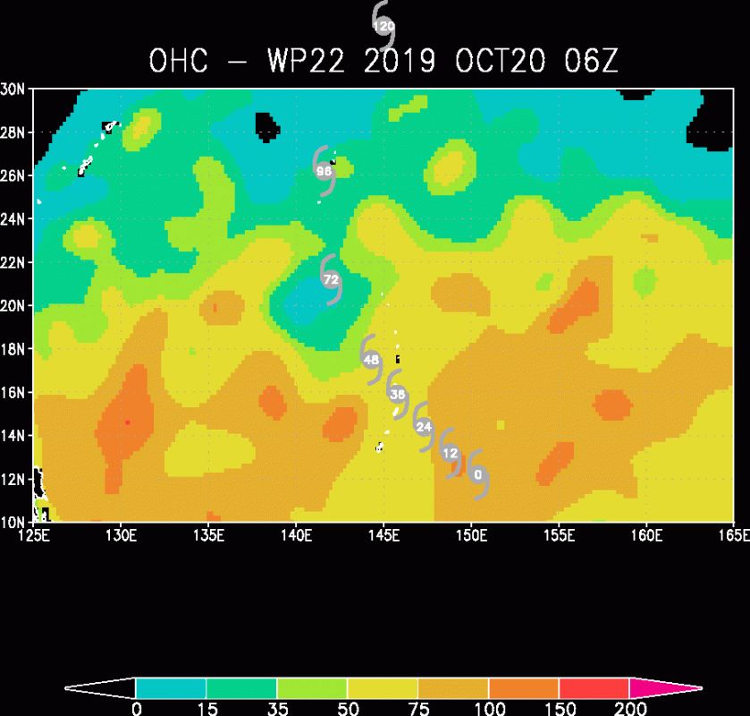 Тази карта показва океанският топлинен капацитет на дорните 200 метра повърхностен слой в района, в който се намира Буалои. Видно, той ще разполага с достатъчно гориво, за да се усили поне до 3-4 категория тайфун