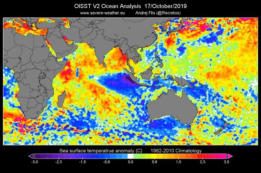 Аномалиите на температурата на водата в Индийския океан