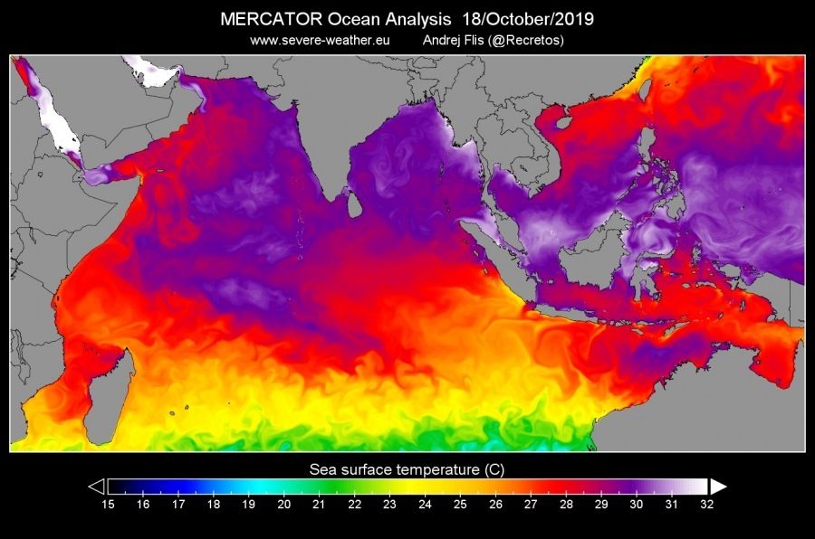Температурите на водите в Индийския океан