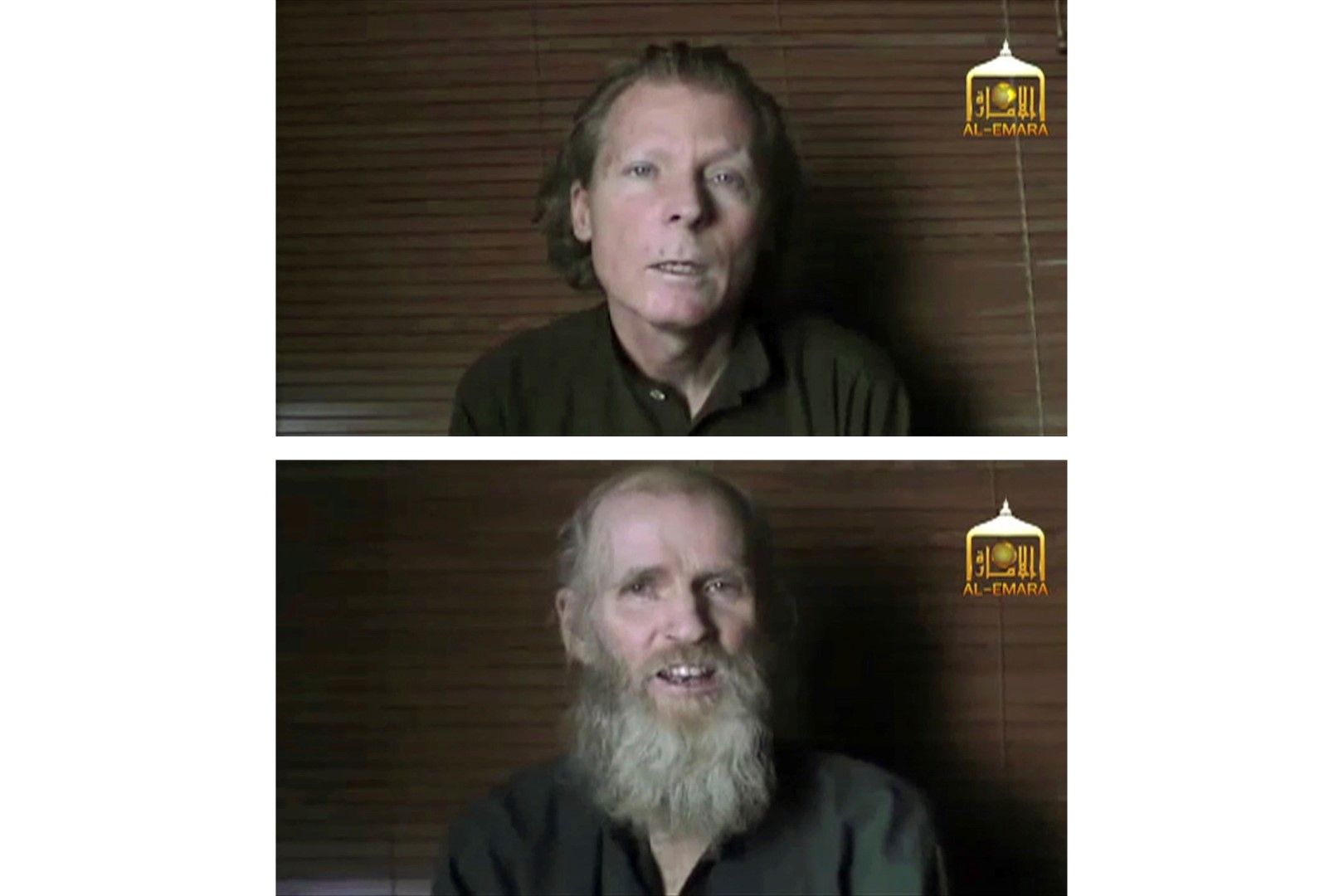 Снимка, направена от видео, разпротранено от талибаните на 21 юни 2017 г., показва отвлечените препдаватели - австралиеца Тимоти Уийкс (горе) и американеца Кевин Кинг