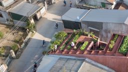 Във Виетнам построиха червена къща със зеленчукова градина на покрива