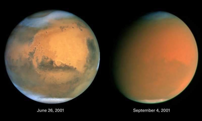 Марс преди и по време на пясъчна буря