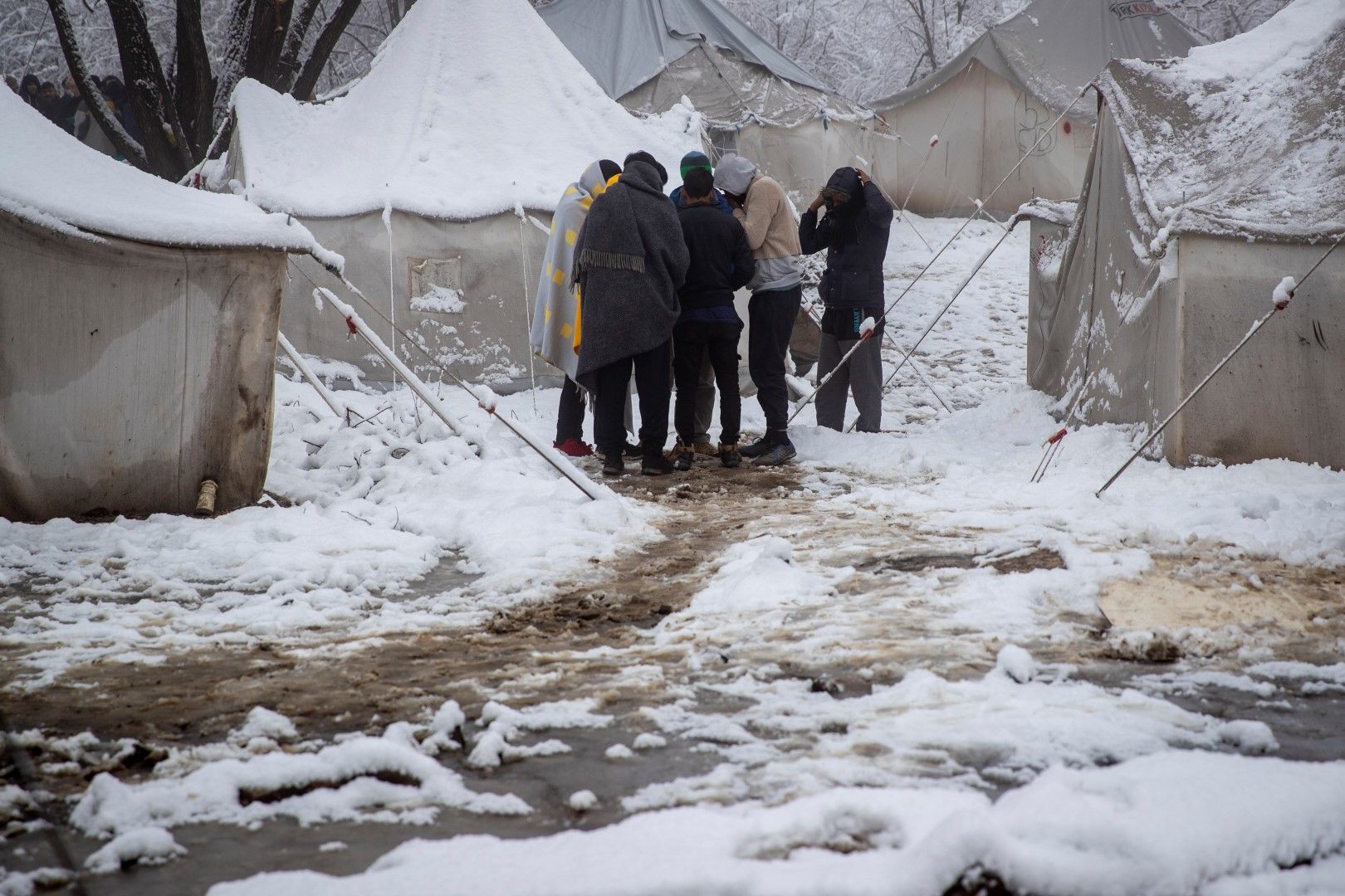 Бедстващи мигранти в бежанския лагер Вучак край Бихач в Босна и Херцеговина